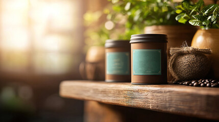   A pair of jars rest atop a wooden shelf alongside a potted plant and another