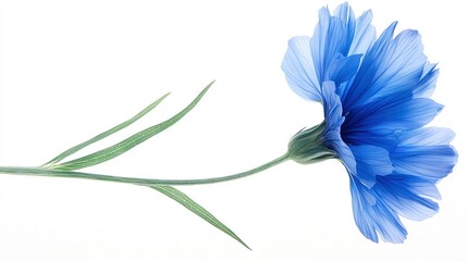   Close-up of a blue flower against white backdrop, featuring green stem and solitary blue petals