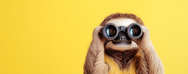A furry sloth is looking through a set of binoculars