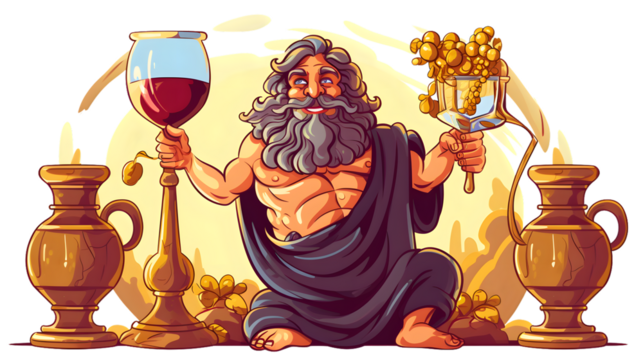 Classical depiction of Dionysus holding a goblet and a grapevine wreath