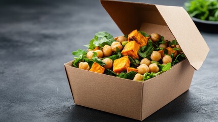 Healthy food bowl takeaway in cardboard box sweet potato chickpeas fresh vegetables healthy eating vegan vegetarian organic nutrition