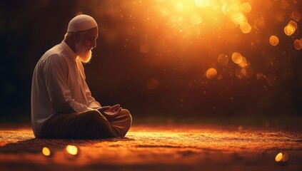 Senior man in prayer bathed in golden light seeking spiritual guidance peacefully