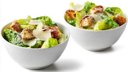 Two bowls of caesar salad with romaine lettuce croutons and parmesan cheese on a white background