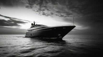 Naklejka premium Luxury Yacht Sailing on Dramatic Ocean at Sunset, Black and White Photography