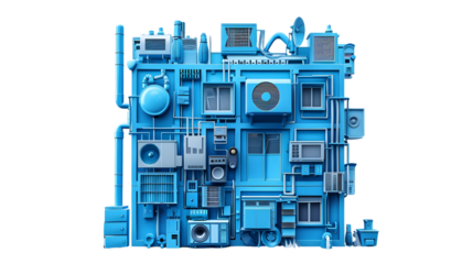 Urban Blue Building with Assorted Electrical Equipment Covering the Facade