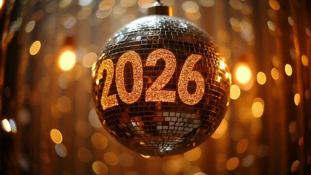 Happy new year beautiful 2026 golden disco ball with bokeh lights close up zoom in