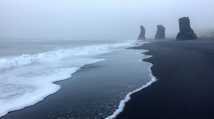 skies black sand beach in Iceland with basalt sea stacks and misty waves under moody Reynisfjara