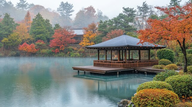 Tranquil autumnal landscape with a wooden gazebo on a serene lake. Colorful foliage and misty atmosphere create a peaceful ambiance