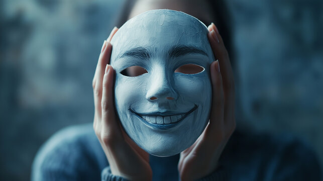 Imposter syndrome concept. A person holds a detailed white painted mask with a smiling expression. Image made using Generative AI.