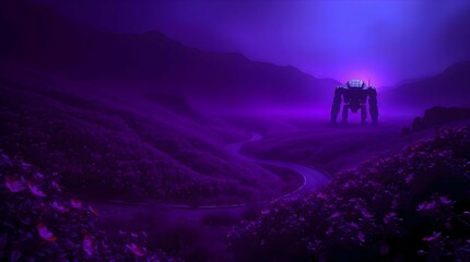 Fototapeta premium Aerial view winding road alien flowers massive dormant robot symbolizing beauty danger contrast sci fi art