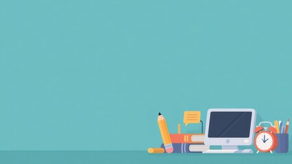 水色の背景に配置された教育関連の要素 デスクトップコンピュータと文房具のピクセルアート