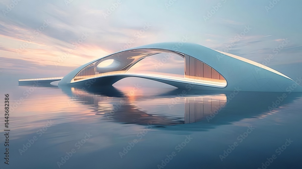 Poster 未来的な白い構造が水面に反射し夕暮れ時の空を背景に浮遊するデザイン建築の風景