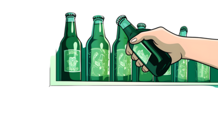 Professional photo of a hand reaching for a green beer bottle in a bar setting
