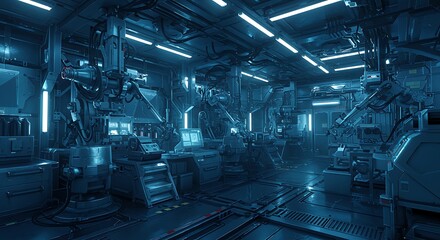Obraz premium Futuristic laboratory interior technology sci fi scene research facility machine robotics and equipment
