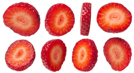 Set vibrant red strawberry slices, showcasing different angles and thicknesses, isolated background.