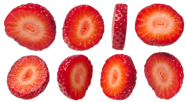 Set vibrant red strawberry slices, showcasing different angles and thicknesses, isolated background.