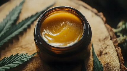 Cannabis salve jar on wood, hemp leaves, dark background.  Ideal for skincare, health, and wellness websites