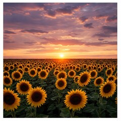Obraz premium Vast field of golden sunflowers turned towards setting sun dramatic colorful cloudy sky melancholic cinematic atmosphere nature landscape photography rural scene