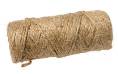 A tightly wound spool of rustic, light brown jute twine with visible fibers, isolated background