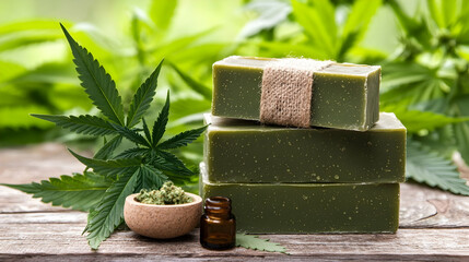Hemp soap bars, oil, and leaves on rustic wood, green background; natural beauty product