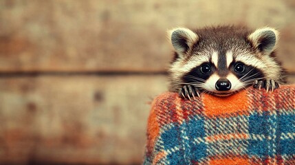   Raccoon atop blanket, head protruding