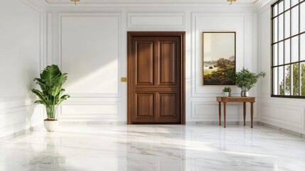 Fototapeta premium Elegant entryway, marble floor, sunlight, painting. Interior design, home decor