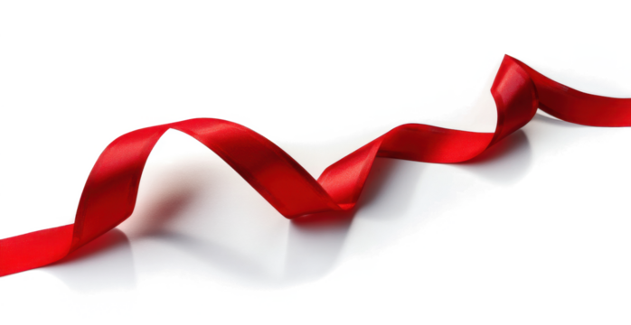 A curly red ribbon for Christmas and birthday present isolated against a transparent background. 
