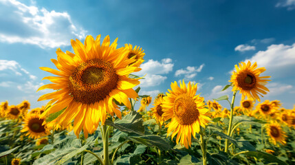 Obraz premium Sunflower fields in Ukraine under a clear blue sky with open space Generative AI