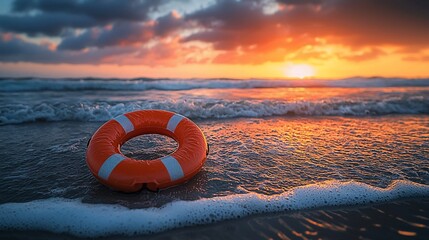 Obraz premium Sunset beach life preserver ocean waves hope