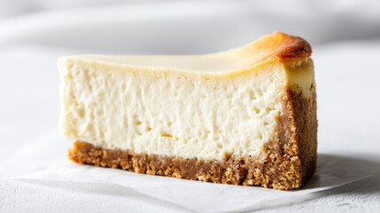 Close-up of a creamy, smooth slice of cheesecake, showcasing a light golden crust.  The texture appears soft and inviting