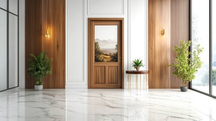 Modern hallway interior design, marble floor, wooden walls, landscape door