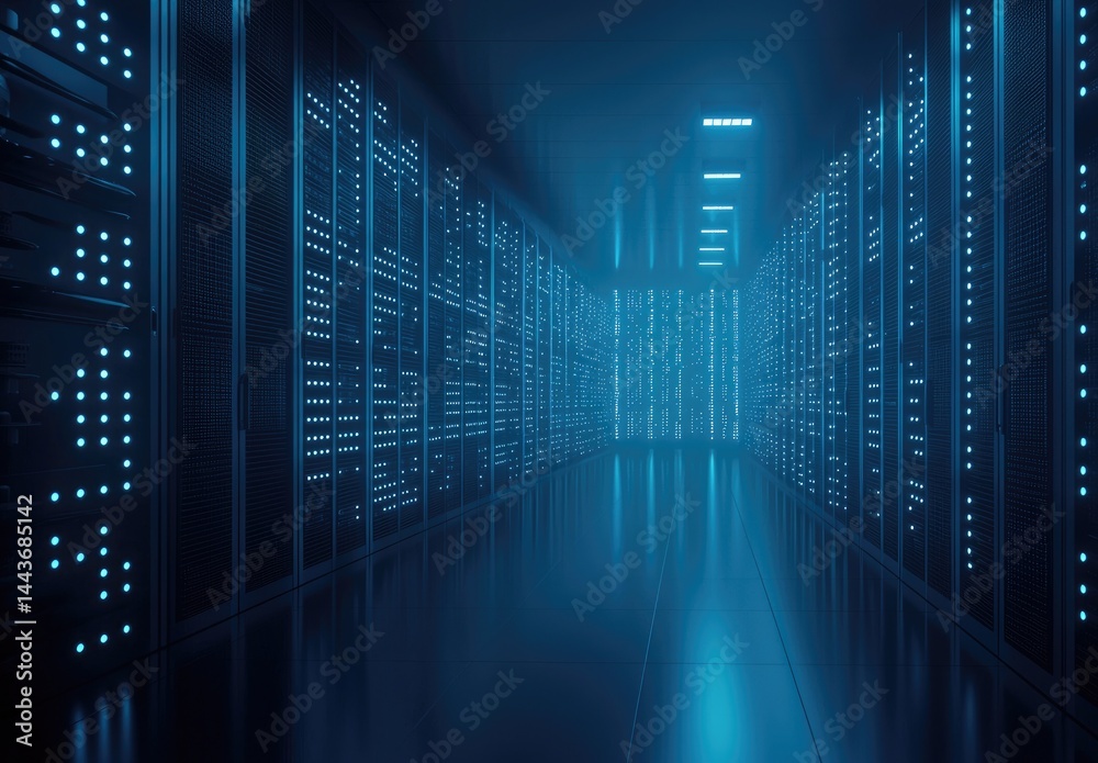 Poster Blue-lit server room with rows of data racks. Ideal for cybersecurity, IT infrastructure, and modern tech presentations.