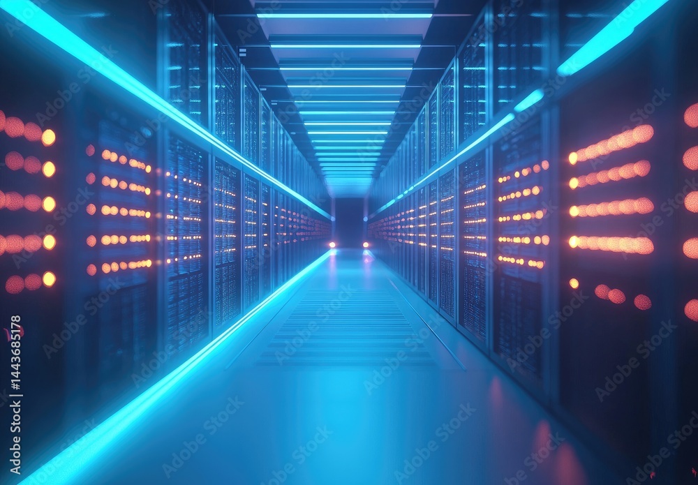 Aufkleber neon-lit high tech server corridor glowing with orange and blue lights. perfect for ai, network syst