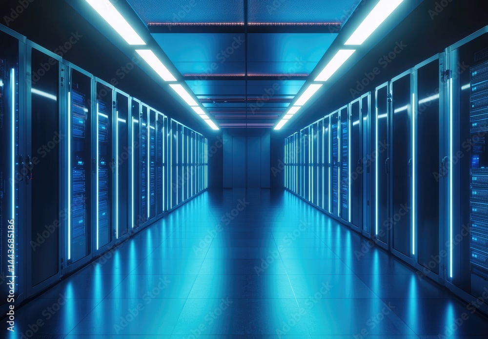 Poster bright data center hallway lit with blue ceiling and rack lights. ideal for network infrastructure, 