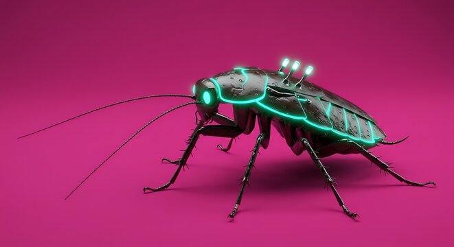 Cyberpunk cockroach insect digital art neon lights futuristic bug tech pest control robot animal design - Powered by Adobe