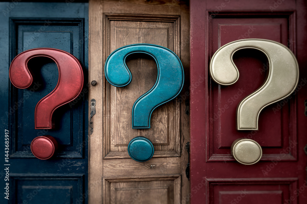 Poster three question marks on different colored doors symbolize choice, uncertainty, and the path ahead