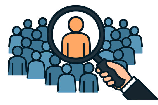 The concept involves using a magnifying glass on a crowd of people to select the best recruitment candidates or conduct market research and gather customer survey data