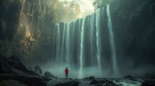 Majestic waterfall, shrouded in mist, with person in red jacket