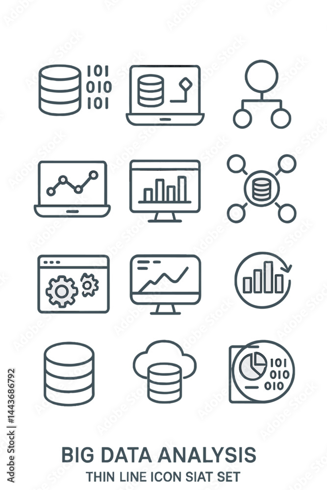 Poster big data analysis is represented by a thin line icon set, which includes outline pictograms for data