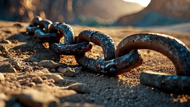 Rusty broken chain on dry cracked ground under warm sunset mountain light