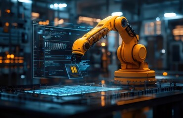 黄色いロボットアームと青い光る回路基板の未来的な工業デザイン