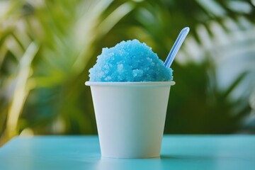 Refreshing blue snow cone treat in a white cup perfect for summer enjoyment