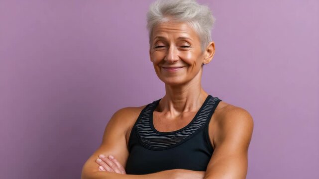 Portrait of confident mature woman with arms crossed, posing against a solid color background