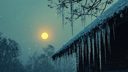 House with icicles hanging from the roof. The icicles are dripping water. The sky is dark and cloudy