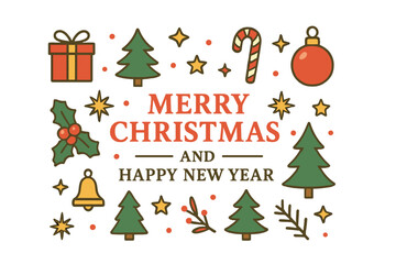 Vector illustrations are available for a Merry Christmas and Happy New Year greeting card template, which can be used for backgrounds, greeting cards, party invitations, website banners, social media