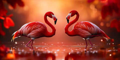 Two graceful flamingos facing each other in a serene water setting with warm sunlight surrounding