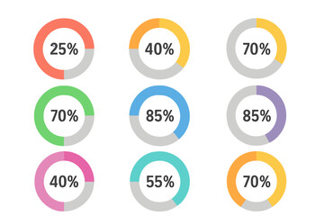 Fototapeta premium Vector illustration of a circle percentage diagram set, colored and isolated on white, designed for application in infographics, UI, web design, business presentations, marketing maps, or to