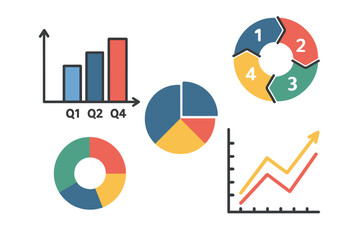 Business statistics, planning, and analytics, including forecasting growth rates, are presented through abstract data visualization, marketing charts, and graphs in a set of infographics with