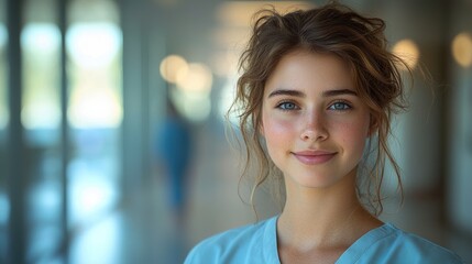 Young woman with brown hair smiles in a bright indoor setting.