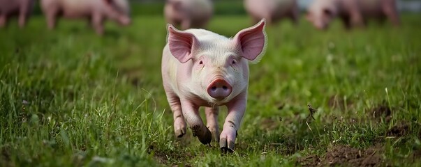 Piglet happily runs through a grassy field toward the camera